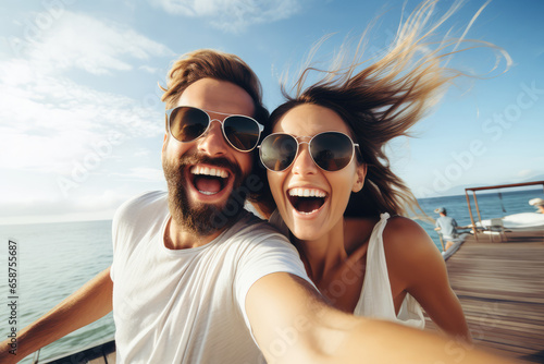 Cheerful travel couple in sunglasses making selfie on the yacht at sea.