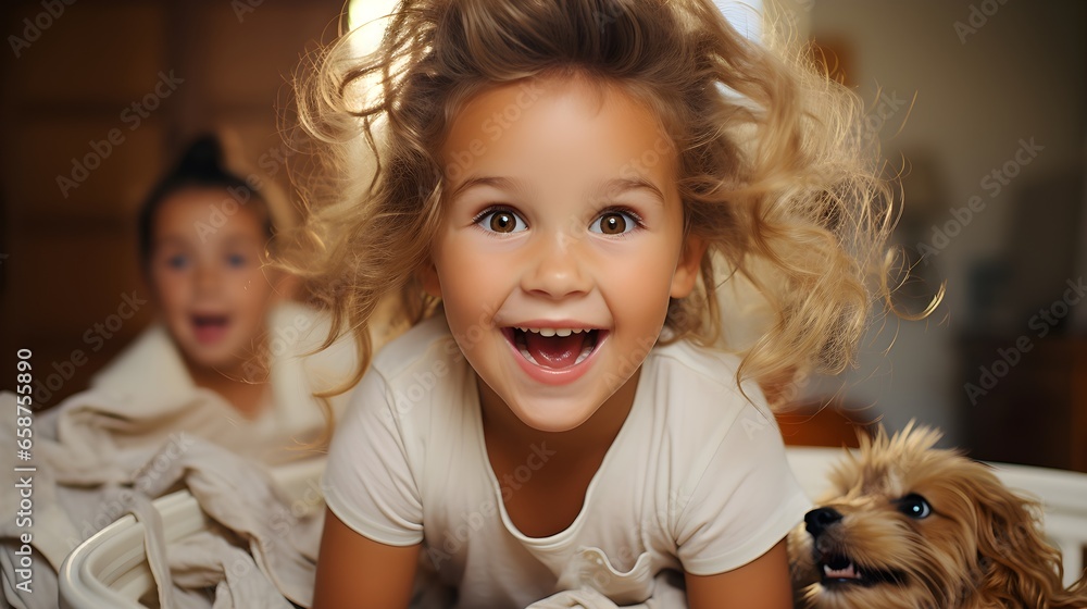 Cheerful Friends: Toddler and Woman Smiling with Bonding Pets. Smiling woman and cheerful toddler cuddling their lap dog Cheerful Friends: Toddler and Woman Smiling with Bonding Pets. Smiling woman and cheerful toddler cuddling their lap dog