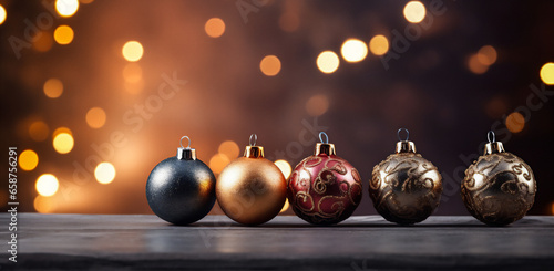 christmas ball on a black background with golden bokeh, happy new year, merry christmas. Generative AI