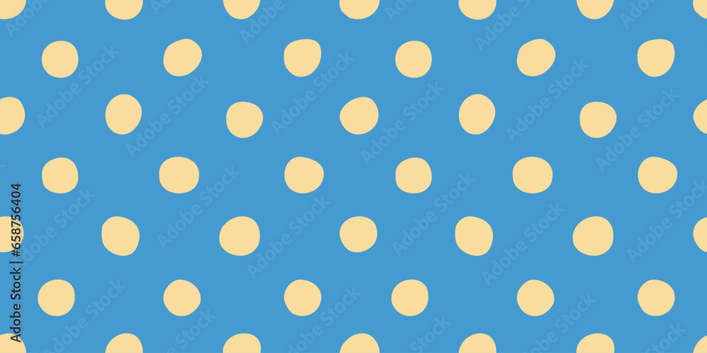 Hand drawn seamless polka dots pattern, blue and yellow colors, doodle style vector