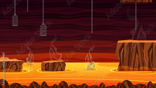 Infernal Dark Cave with Lava Scene volcano Illustration Background Volcano lava hell rock cave view fantasy game cartoon background. fire river flow terrain surface.

