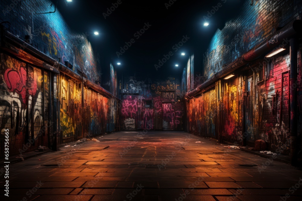 A cinematic shot of a grunge wall in an urban alley, illuminated by the soft glow of neon signs, evoking a sense of urban mystery and intrigue - obrazy, fototapety, plakaty 