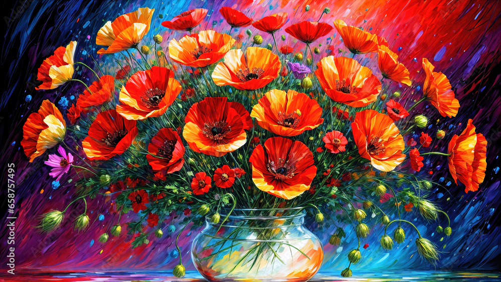 Naklejka premium A bouquet of field poppies, an oil painting on canvas, an artistic vision of wild field poppies.