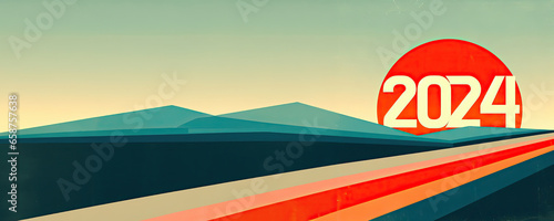 2024 New Year themed banner, retro design with vibrant colors