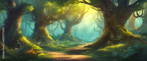 Fantastic forest with giant trees  atmospheric and fairy-tale landscape.