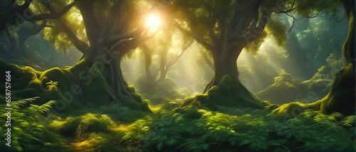 Fototapeta Naklejka Na Ścianę i Meble -  Fantastic forest with giant trees, atmospheric and fairy-tale landscape. Generative AI.