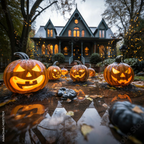 Halloween pumkins and spooky house background