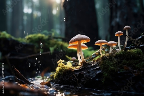 Forest mycelium fungi in moss and water