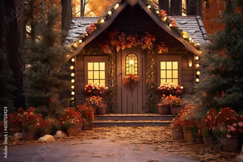 an autumn cottage decorated outdoors with electric garlands.