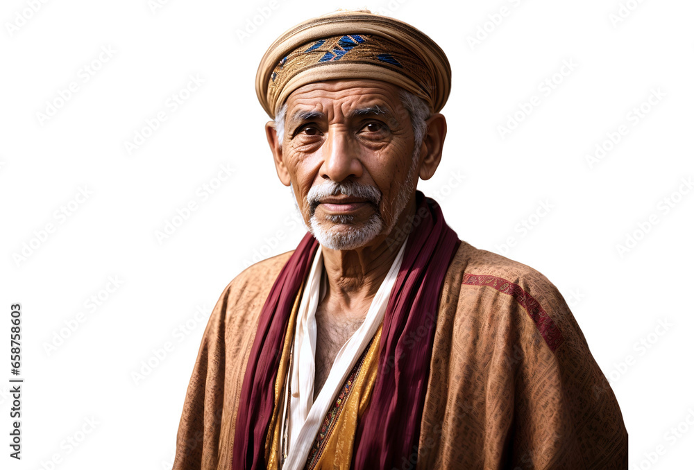portrait of elderly traditional wise Arabic man isolated on white background