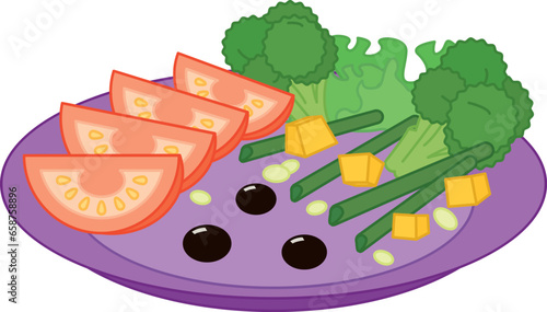 Colorful illustration of a plate with broccoli, tomatos, olives, salad. Vector picture of vegetables isolated on white background.	