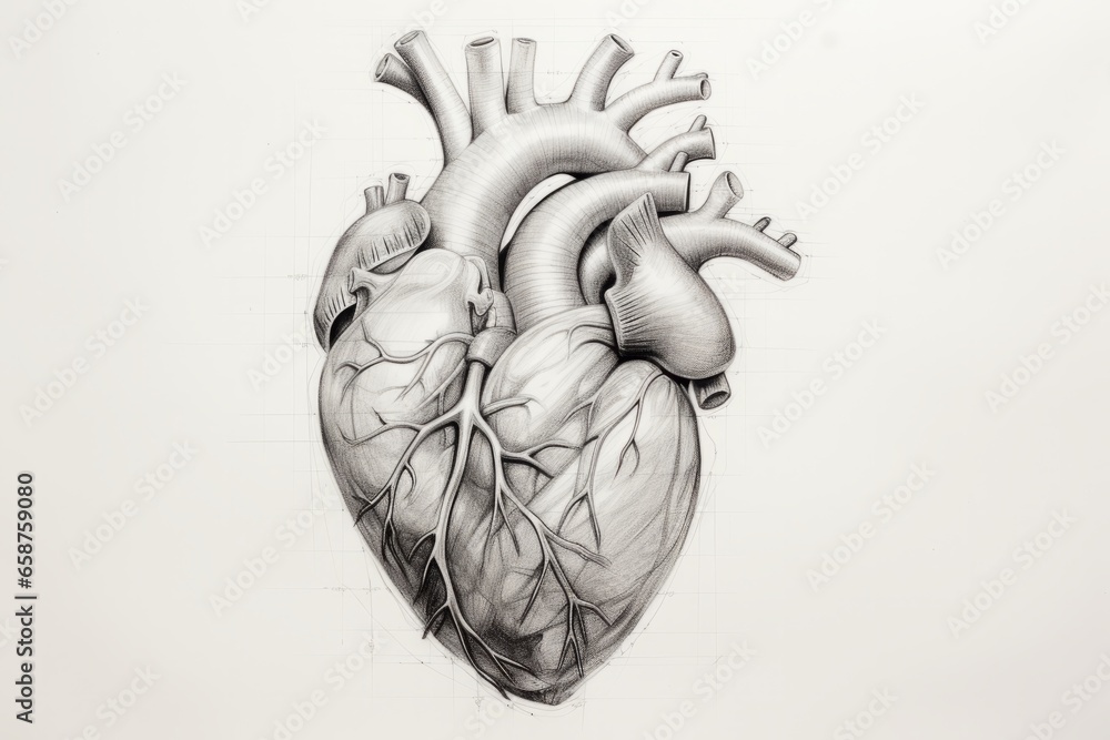 Pencil sketch for human heart in 2 point perspective - obrazy, fototapety, plakaty 