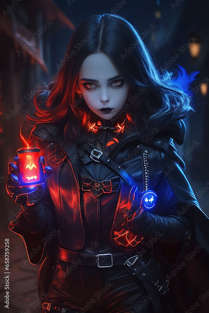Fototapeta premium A Halloween smilling man with long cap and dark eye a mysterious light that illuminates the dark night. His long leather full of black and red blue and green and the power of black, with a Halloween
