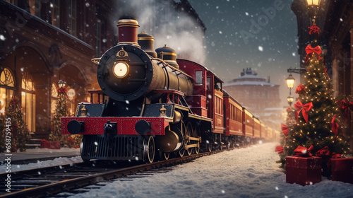 old locomotive train for the christmas holiday and winter season, at night in the snow with warm lights 