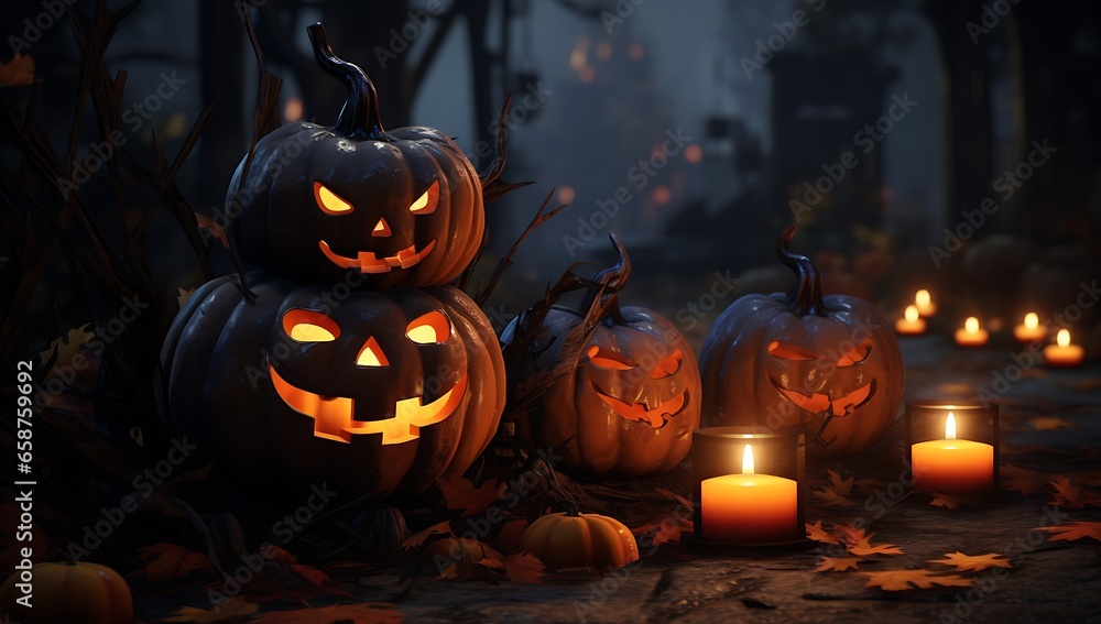 Halloween pumpkins with burning candles in the cemetery, 3d render Halloween pumpkins with burning candles in the cemetery, 3d render