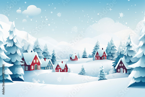 Winter cabin scene in snowy forrest and fresh snow, winter seasonal marketing asset