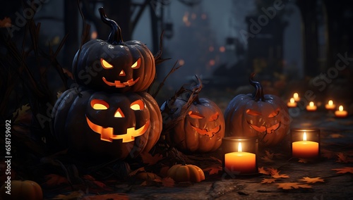 Halloween pumpkins with burning candles in the cemetery, 3d render