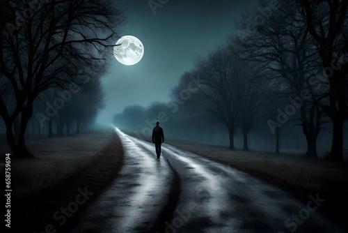 Canvas Print Create an image of a quiet, moonlit road with a solitary figure walking along