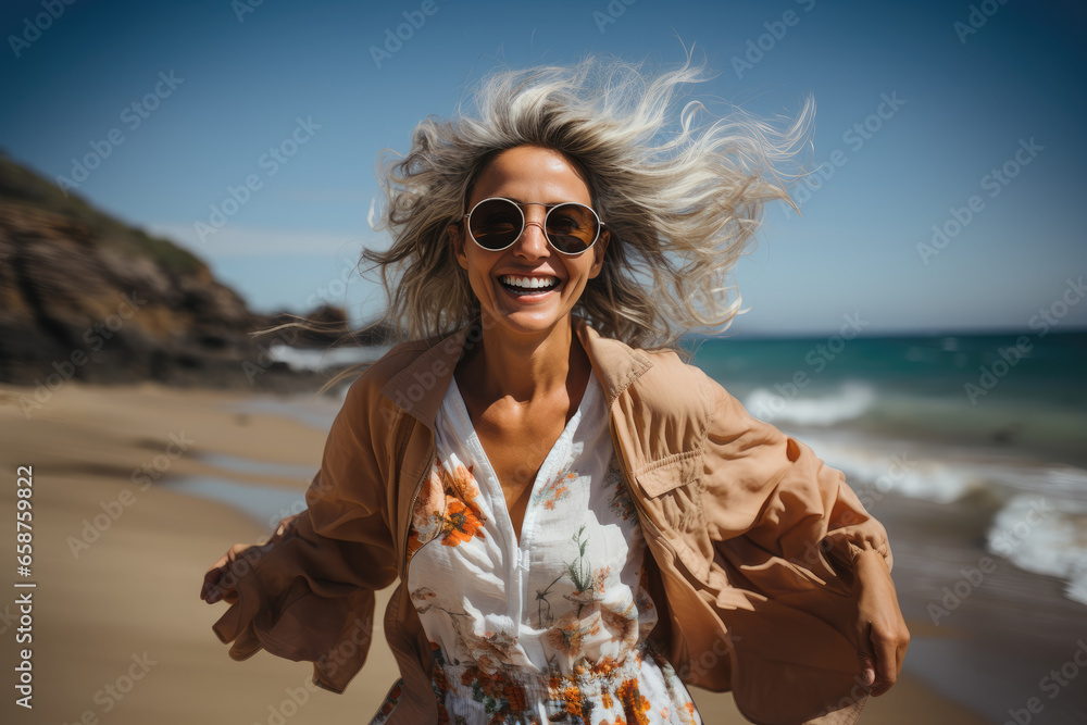 Happy senior gray-haired woman, grandma in summer clothes, sundress and necklace has fun, dancing on the beach, desert. Summer vibes concept