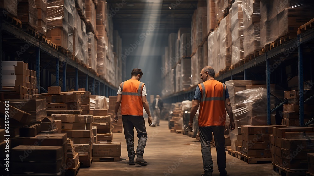 Two warehouse workers walking in a warehouse.