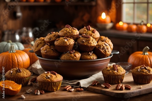 Delicious Homemade Pumpkin Pecan Muffins for Your Autumn Menu sweet, cookies, bakery, brown, cake, snack.