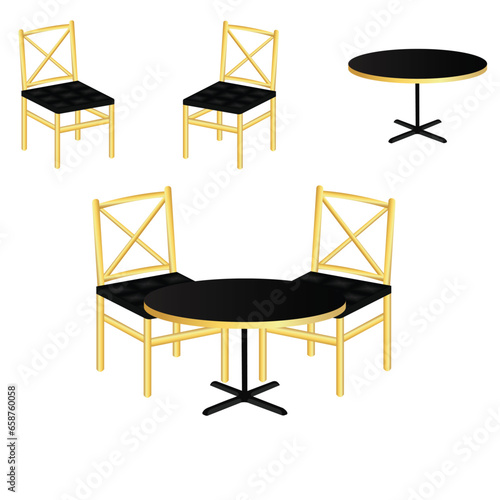 Set of modern chairs and tables in a cartoon style. Vector illustration of various modern types of chairs and tables for interior spaces: home kitchen, office, restaurant isolated on white background.