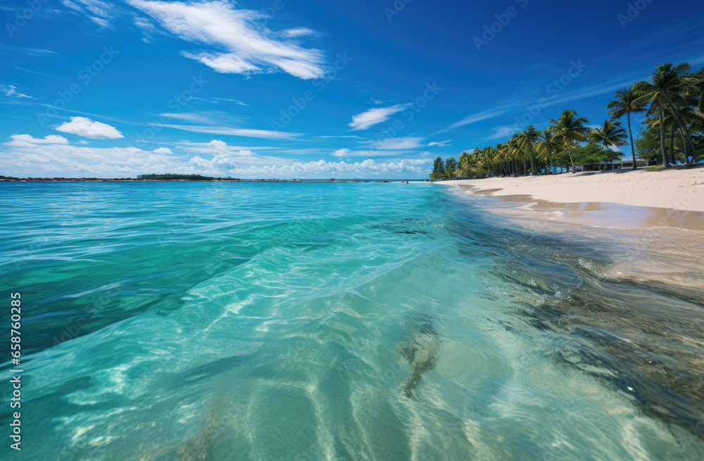 Obraz premium Beautiful tropical beach with white sand, turquoise water and coconut palm trees