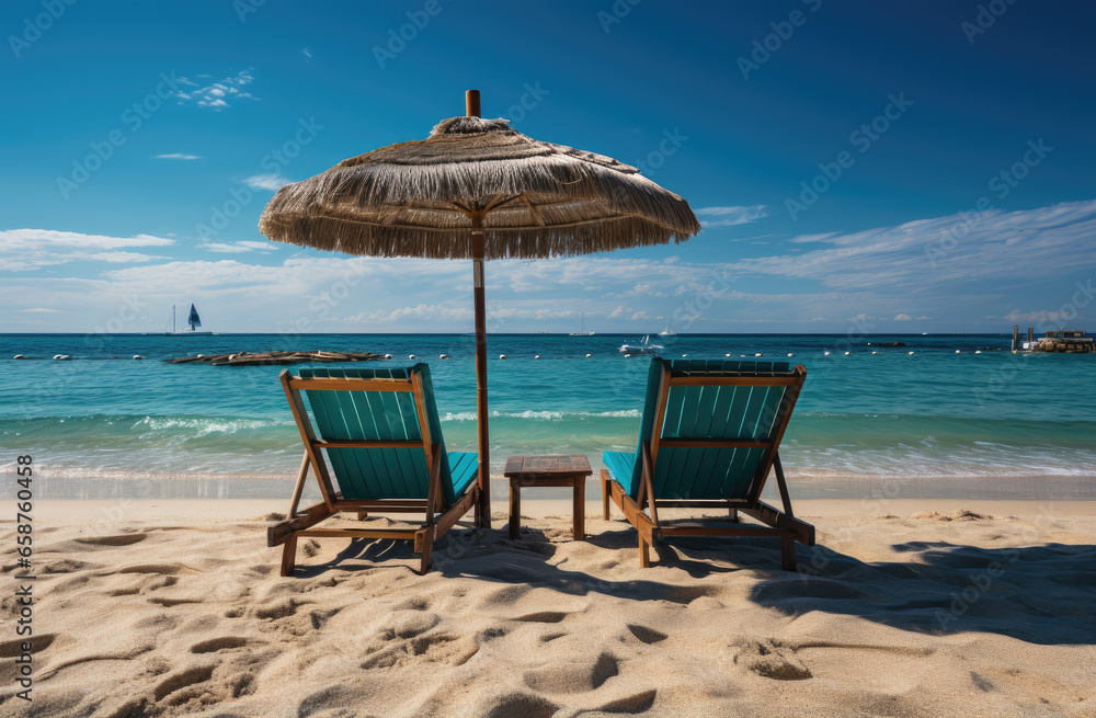 Two beach chairs and umbrella on the sand of a tropical beach.