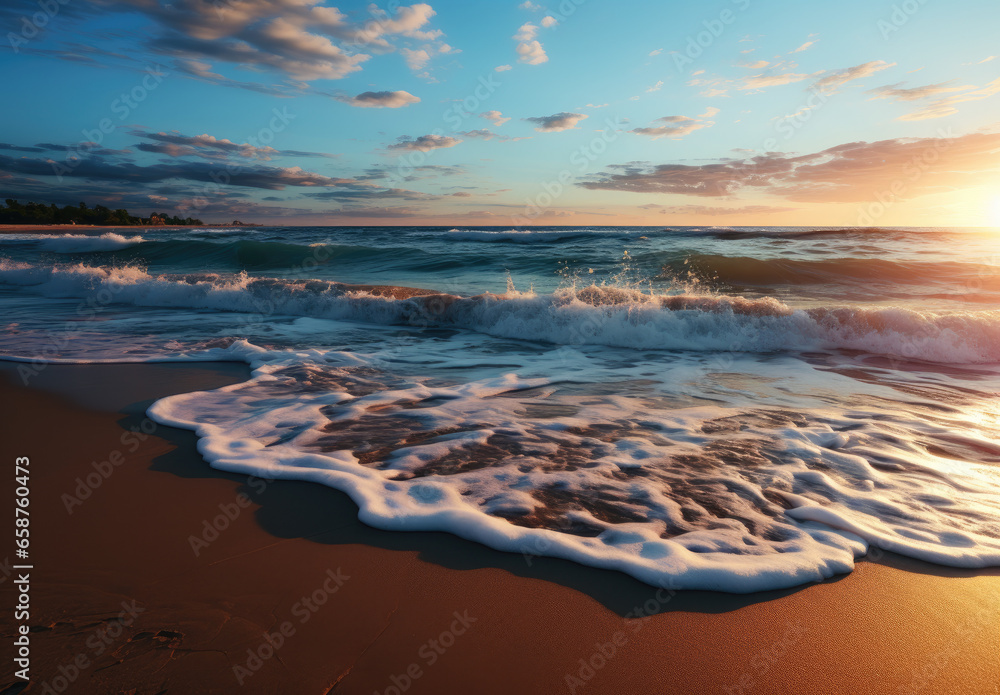 Beautiful seascape with waves on the beach at sunset. Sea foam, blue sky with clouds and warm breeze.