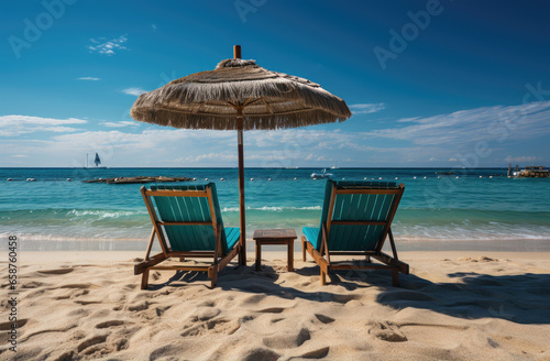 Two beach chairs and umbrella on the sand of a tropical beach.