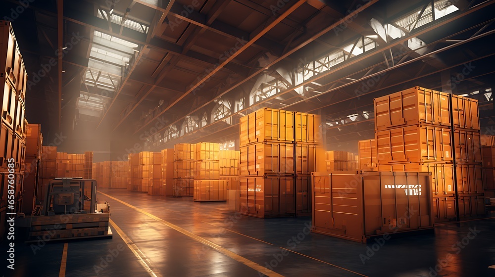 Warehouse interior with containers. 3D rendering and toned image