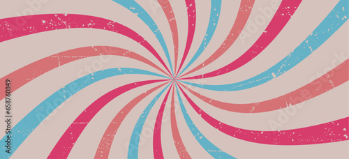 Abstract red and blue retro rays on beige background with faded paper effect and scuffs. Grunge and vintage wallpaper. Vector illustration