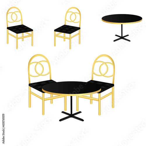 Set of modern chairs and tables in a cartoon style. Vector illustration of various modern types of chairs and tables for interior spaces: home kitchen, office, restaurant isolated on white background.