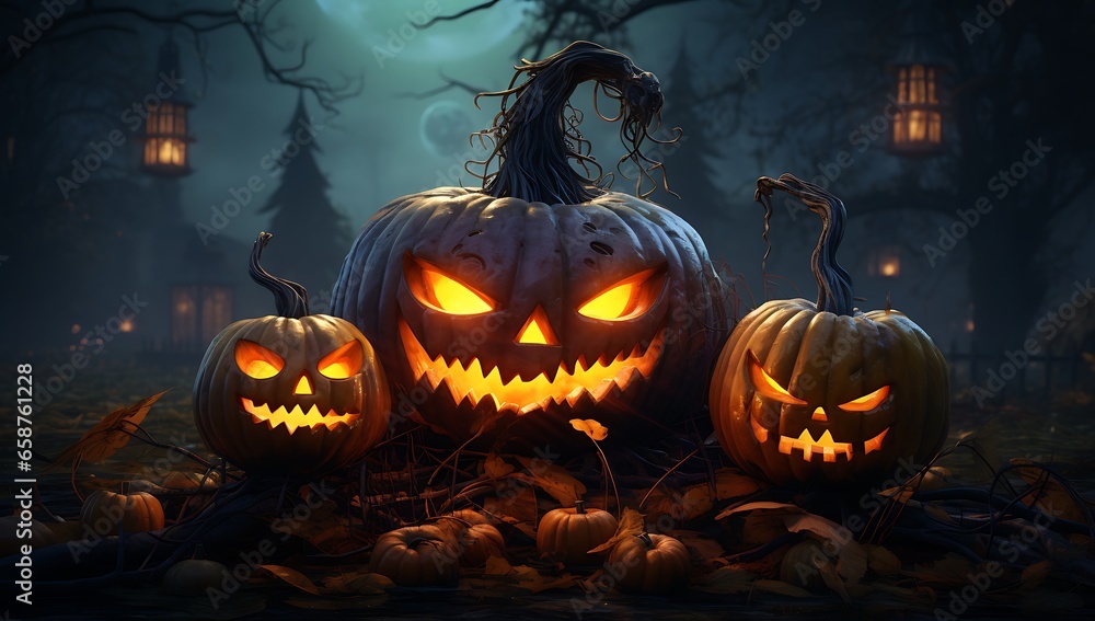 Halloween pumpkins in the dark forest. 3D rendering.