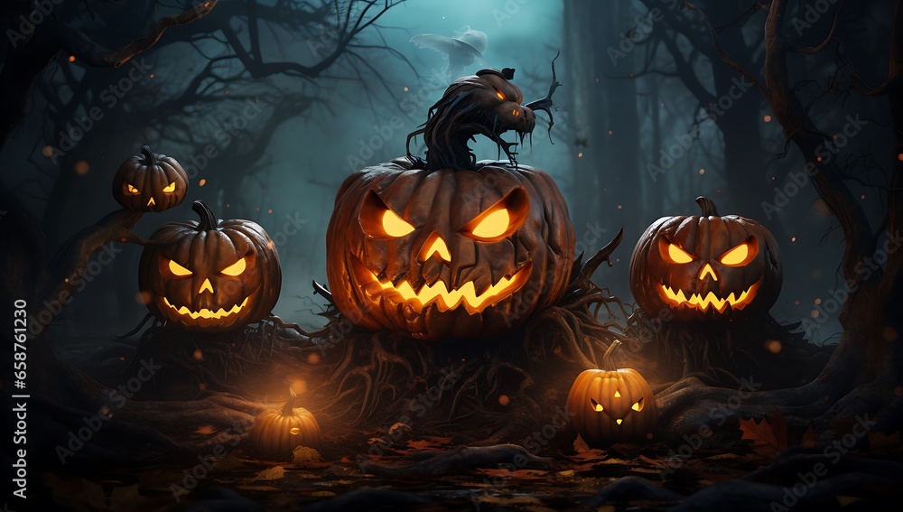 Halloween pumpkins in spooky dark forest. 3D rendering