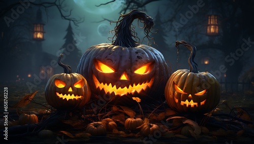 Halloween pumpkins in the dark forest. 3D rendering.
