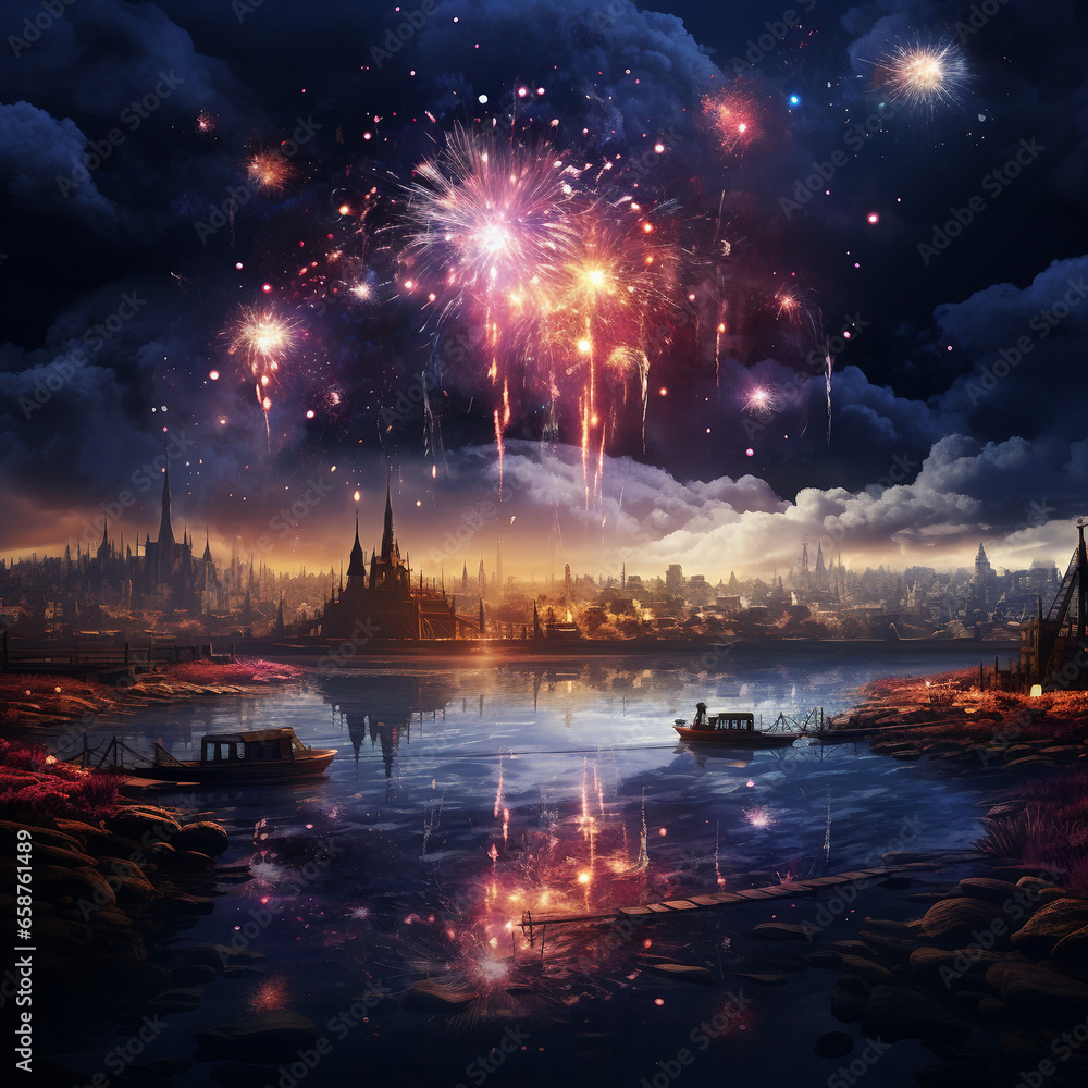 Fototapeta premium Sparkling Skyline, Celebrating New Year with Spectacular Fireworks