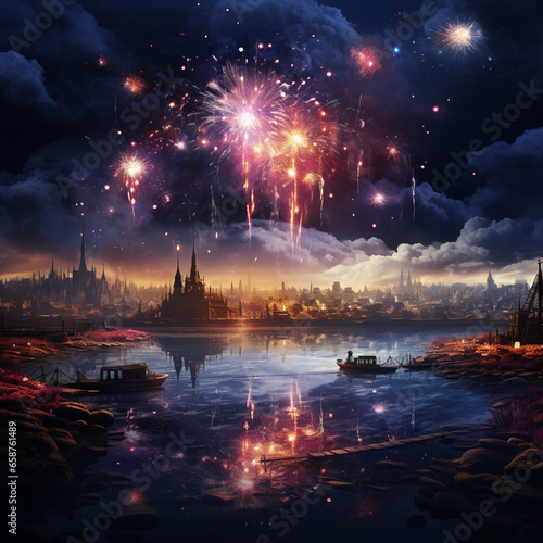 Sparkling Skyline, Celebrating New Year with Spectacular Fireworks © ELmidoi-AI