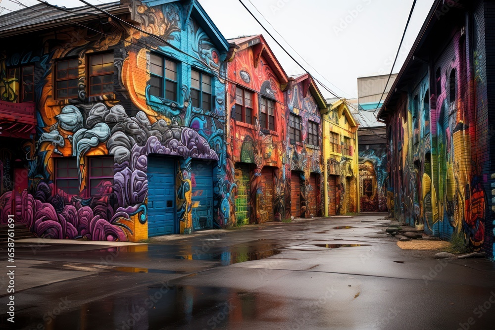 A vibrant and colorful graffiti mural covering an entire grunge wall, showcasing urban artistry and creativity A vibrant and colorful graffiti mural covering an entire grunge wall, showcasing urban artistry and creativity