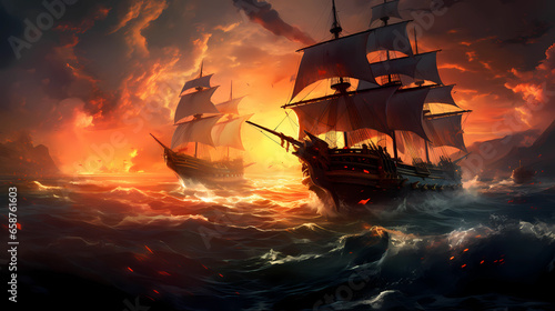 Illustration of a battle with pirates, sailing ships in a storm, explosions and fire