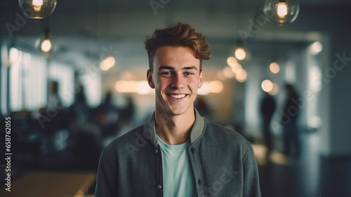 Joyful 20-Year-Old Student in Contemporary Classroom