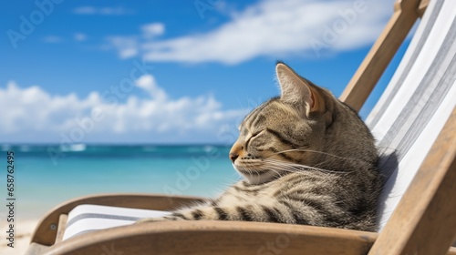 A cat sleep resting on a sun lounger on the beach. Summer relax. The concept of summer tourism. Generative AI illustration for cover, card, postcard, interior design, decor, invitations or print.