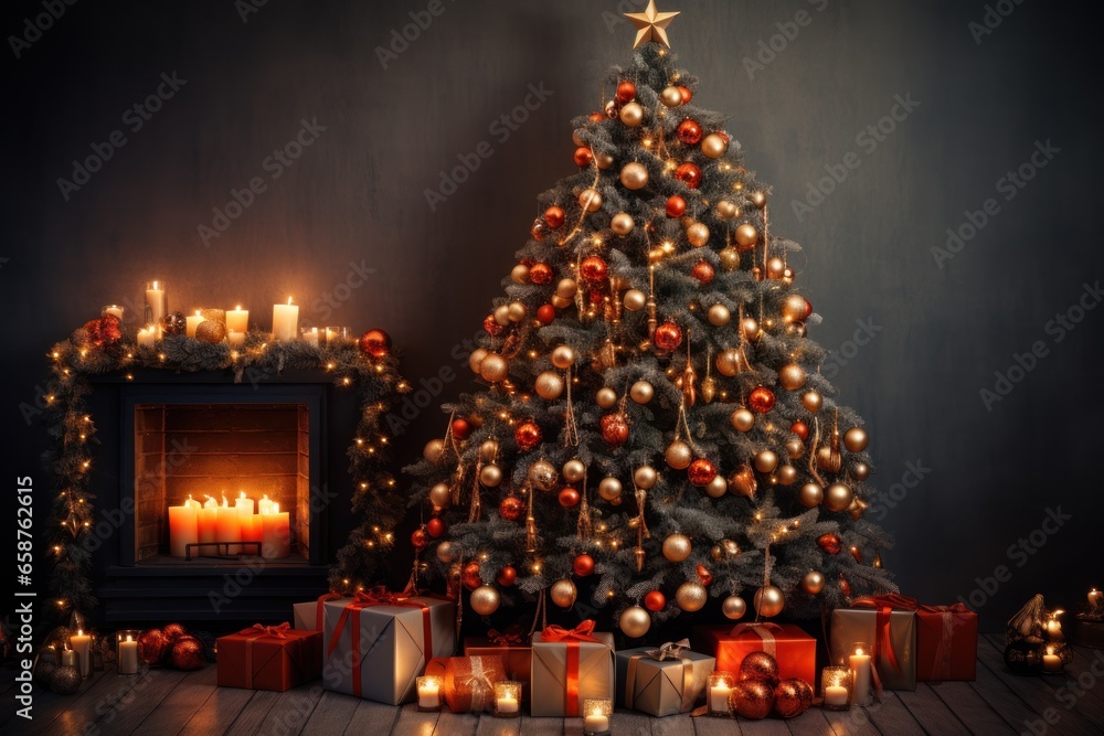 Christmas festive interior. With copy space. New Years Eve. Decorated Christmas tree, burning candles, fireplace, gifts. Golden red balls. New Year background. Postcard, banner, design. New Years Eve.