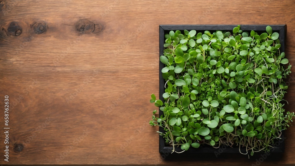 Different microgreen, flat lay. Space for text Different microgreen, flat lay. Space for text