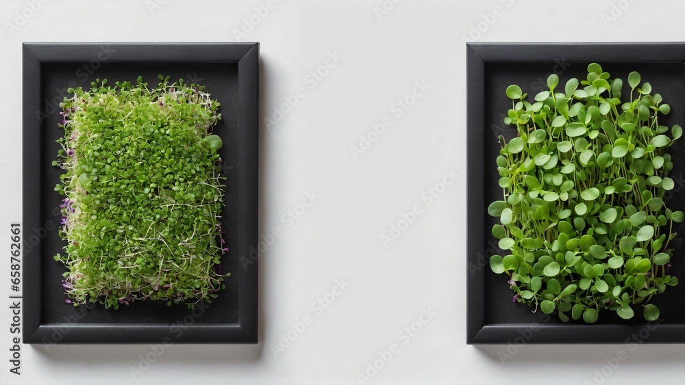 Naklejka premium Different microgreen, flat lay. Space for text