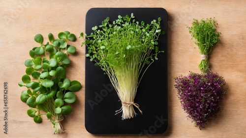 Different microgreen, flat lay. Space for text