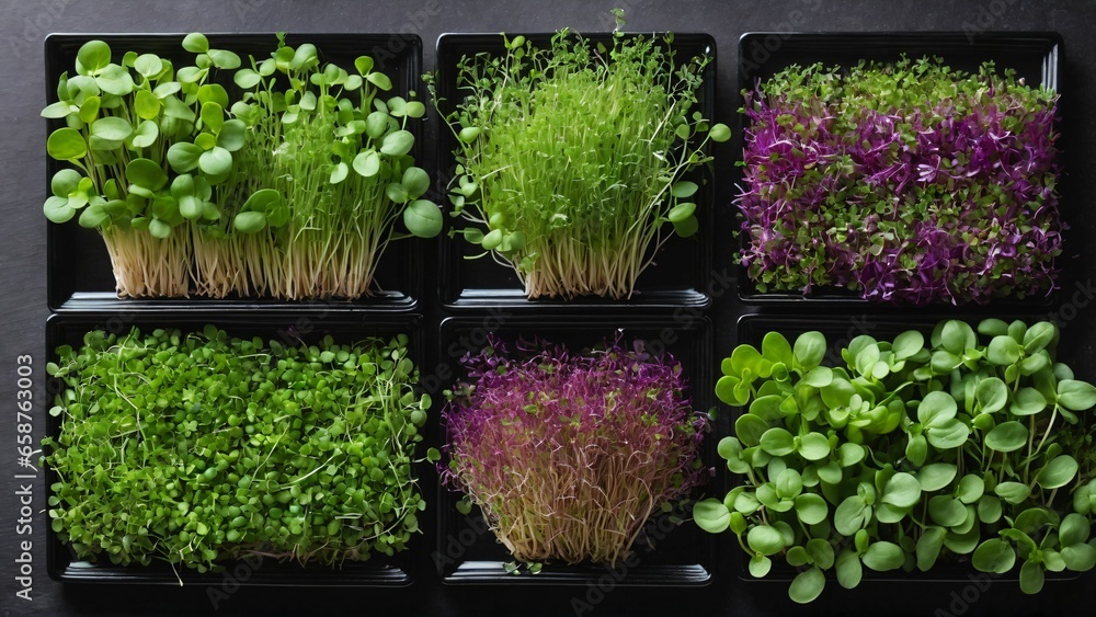 Different microgreen, flat lay. Space for text Different microgreen, flat lay. Space for text