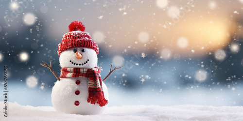 Gleeful Snowman Greeting, Festive Christmas and New Year's Banner with Ample Copy Space © NE97