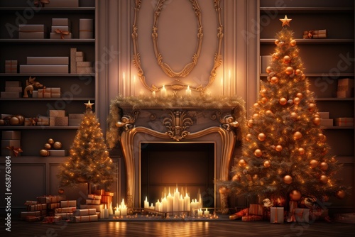Christmas festive interior. New Year s Eve. Two decorated Christmas trees  burning candles  gifts  fireplace. With copy space. New Year holiday background. Postcard  banner  design. Merry Christmas.