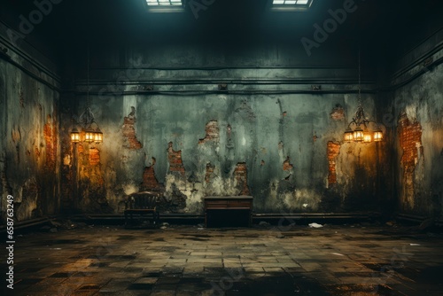 A moody and atmospheric shot of a dimly lit grunge wall in a derelict industrial building, with dramatic shadows and eerie ambiance